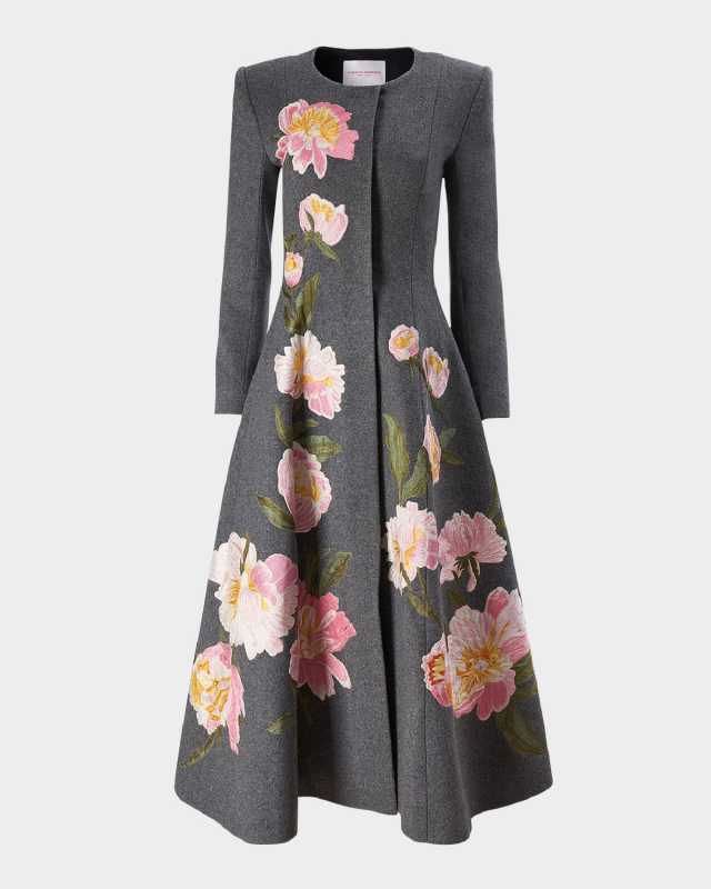 Floral Embroidered Strong-Shoulder Collarless A-Line Coat